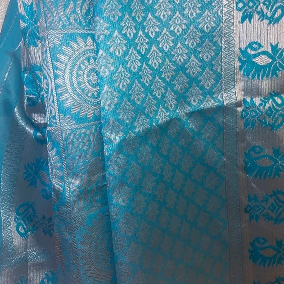Blue and Silver Deer Motif Saree - Picture 3 of 8